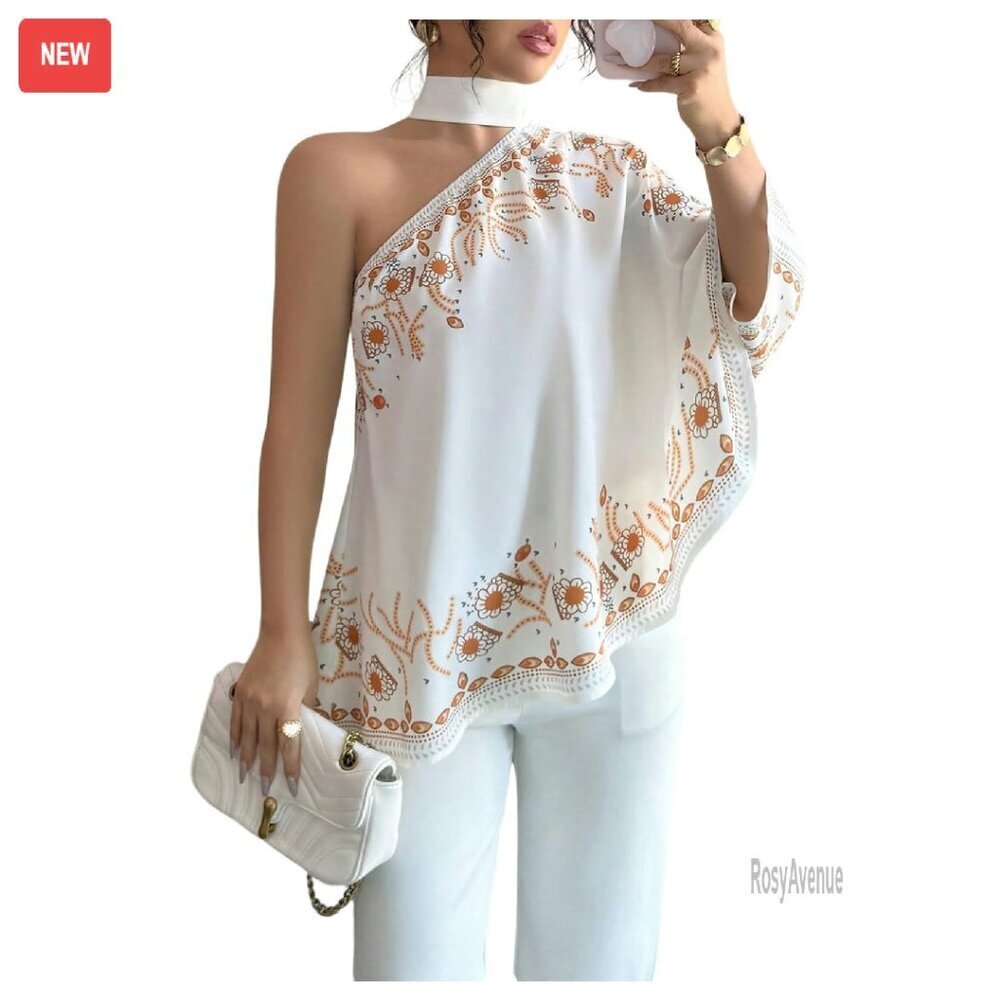 One Shoulder Floral Blouse 3/4 Sleeve Asymmetrical Hem Summer Top